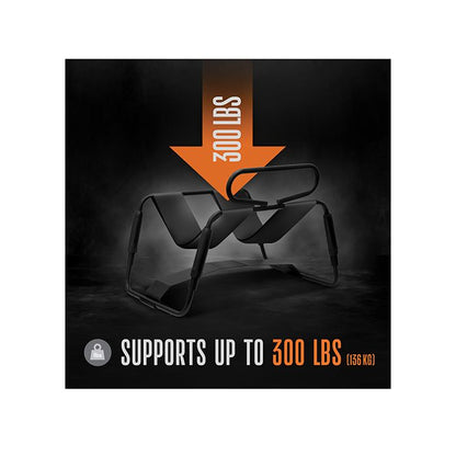 Transparent chair with Blush Temptasia Surrender Sex Chair and text indicating 300 lbs weight capacity on a dark background