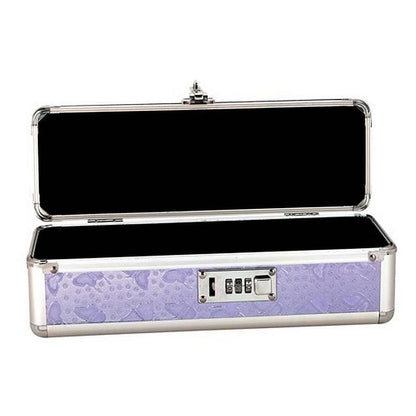 An open rectangular BMS Powerbullet purple adult toy storage case with a black interior, silver trim, and a light purple patterned exterior featuring a combination lock.