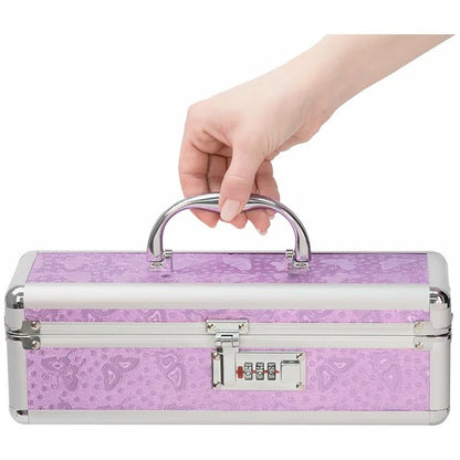 Hand holding a purple and silver lockable vibrator storage case by BMS Factory with butterfly design on a white background