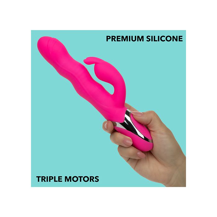 Calexotics Enchanted Wave Action Bunny Vibrator with triple motors on a blue background