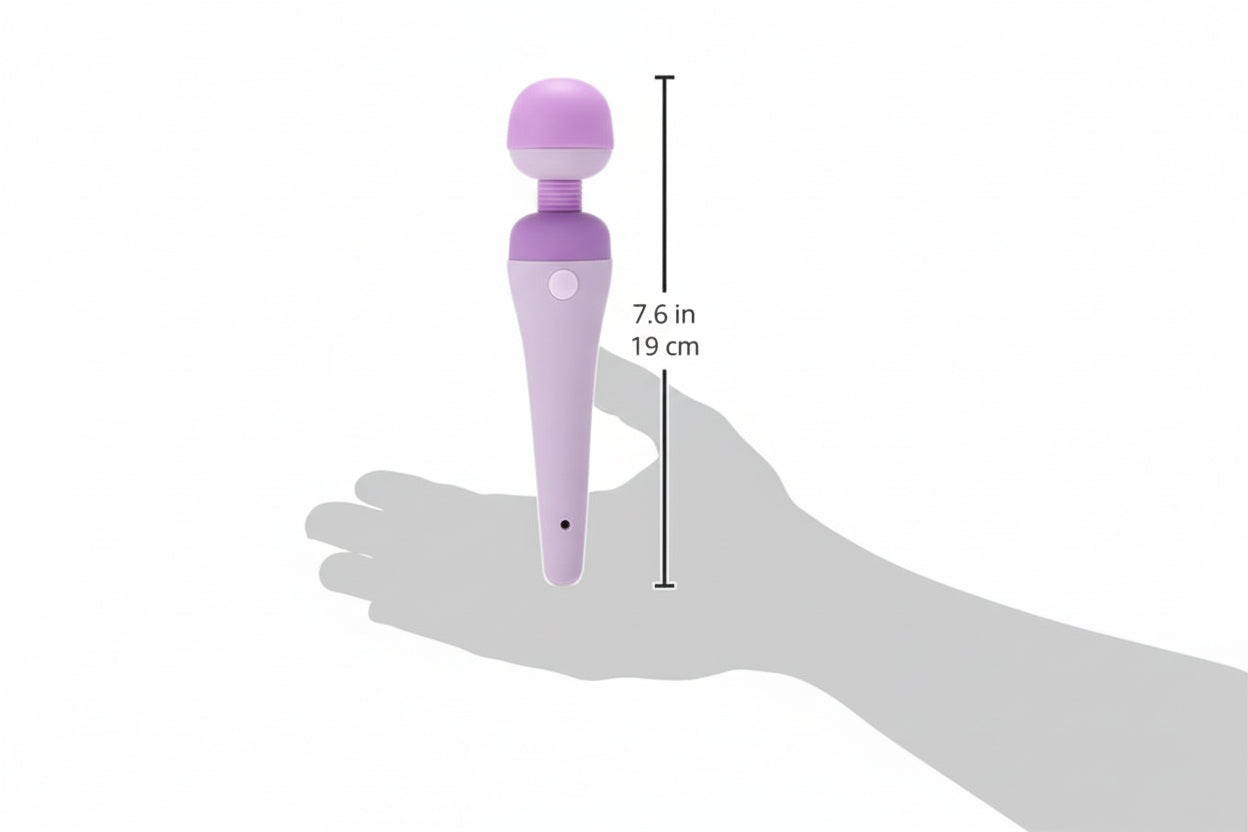 Purple handheld massager with measurement details on a white background. Inspire massager by Calexotics for personal massage or couples massage.
