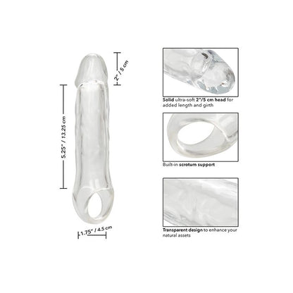 Calexotics Performance Maxx 7.5-inch penis extender adds 2 inches of length and extra girth, features soft body-safe TPE material, scrotum strap for secure fit, and waterproof design for enhanced couple’s pleasure.