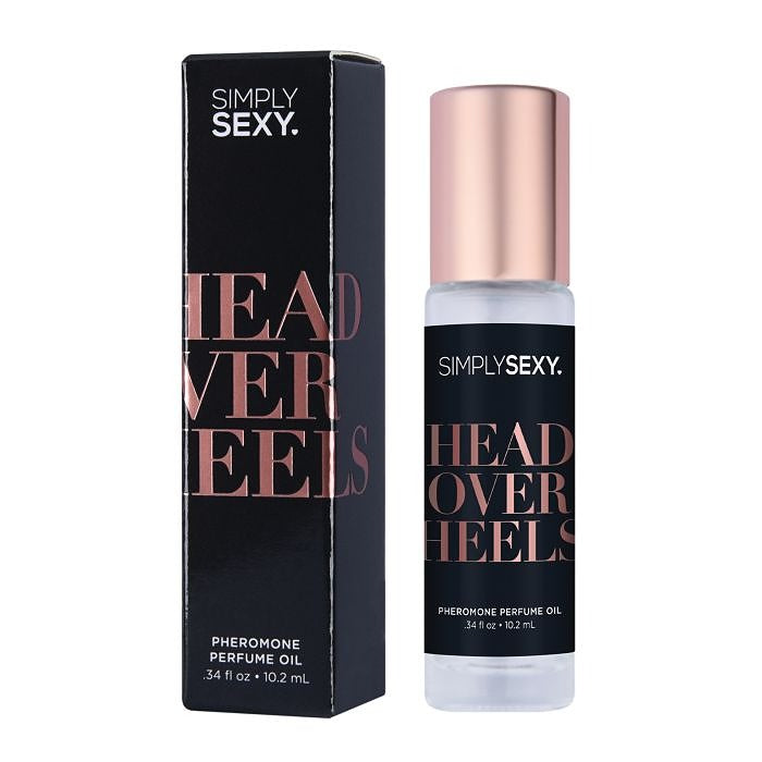 Simply Sexy 'Head Over Heels' perfume oil bottle and packaging on a white background new packaging by Classic Brands.