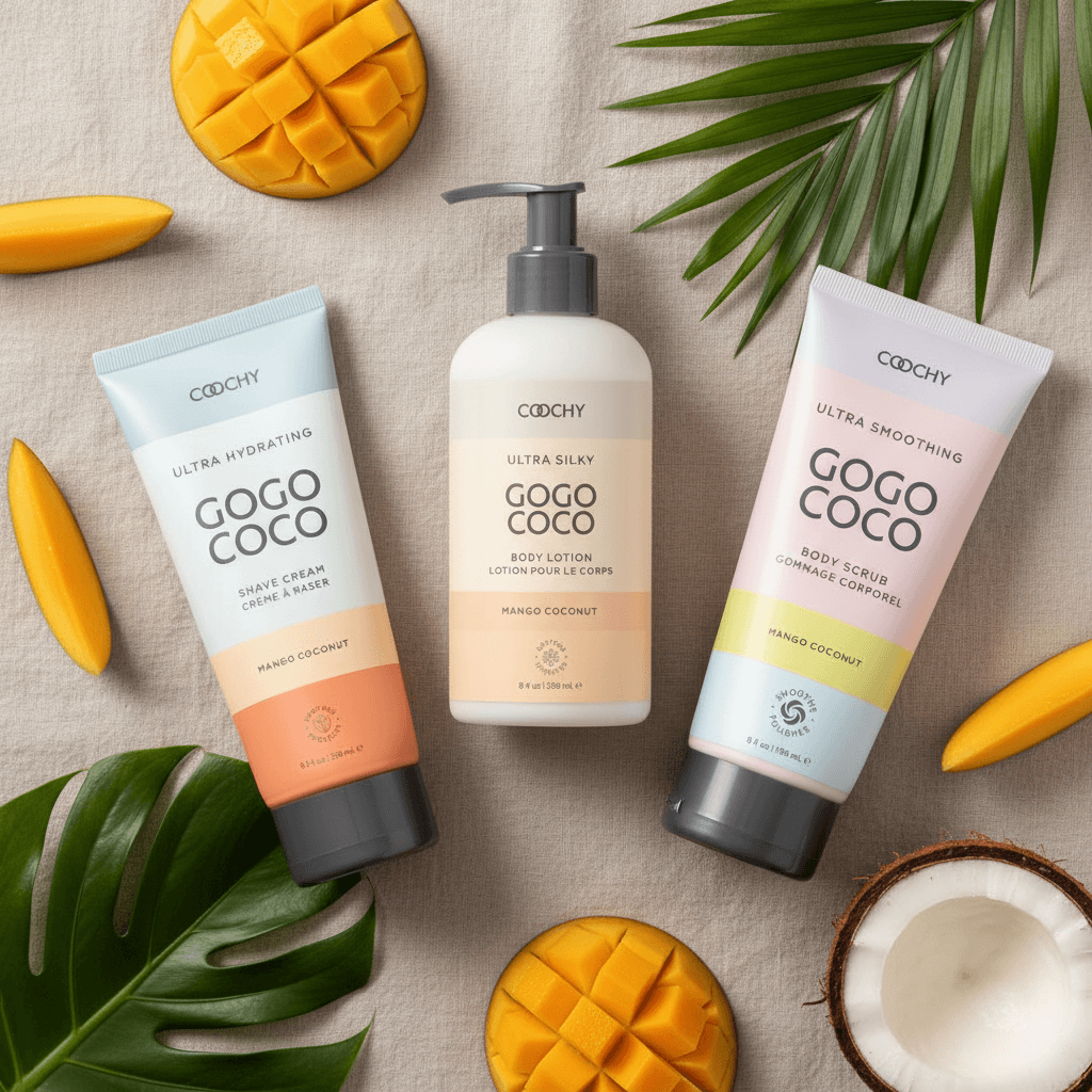 GOGO COCO skincare products discount set of ultra silky body lotion, ultra smoothing body scrub and ultra hydrating shave cream with mangoes and coconuts on a beige background
