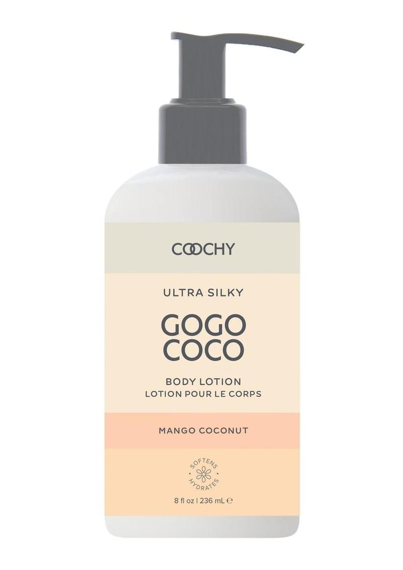 Gogo Coco Coochy brand body lotion bottle with pump on a white background