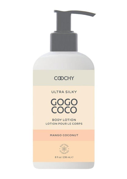 Gogo Coco Coochy brand body lotion bottle with pump on a white background