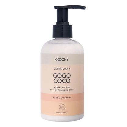Gogo Coco Coochy brand body lotion bottle with pump on a white background