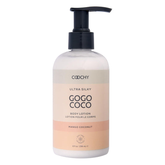 Gogo Coco Coochy brand body lotion bottle with pump on a white background