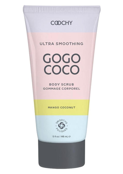 Coochy Ultra Smoothing Gogo Coco Body Scrub Mango Coconut body polish exfoliator purple, pink, green and blue tube on a white background.