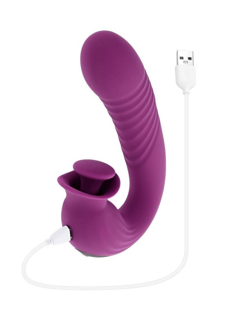 Deep Ecstasy Rechargeable Silicone Ribbed Thrusting Rabbit Vibrator with Clitoral Stimulator with usb cord on white background