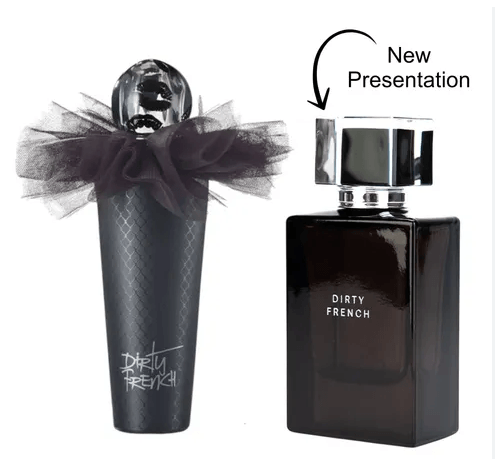 Old and new packaging of Pure Romance 'Dirty French' perfume bottles and branding on a white background.