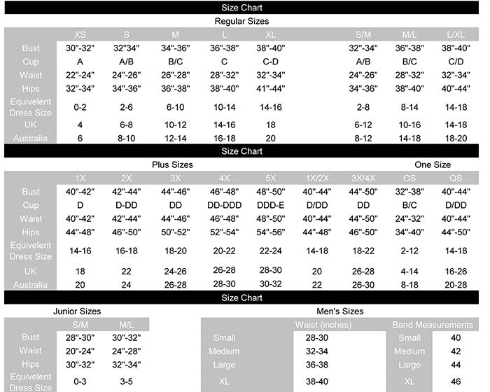 Size chart for Elegant Moments lingerie in women's, plus sizes, and junior sizes with measurements in various units.