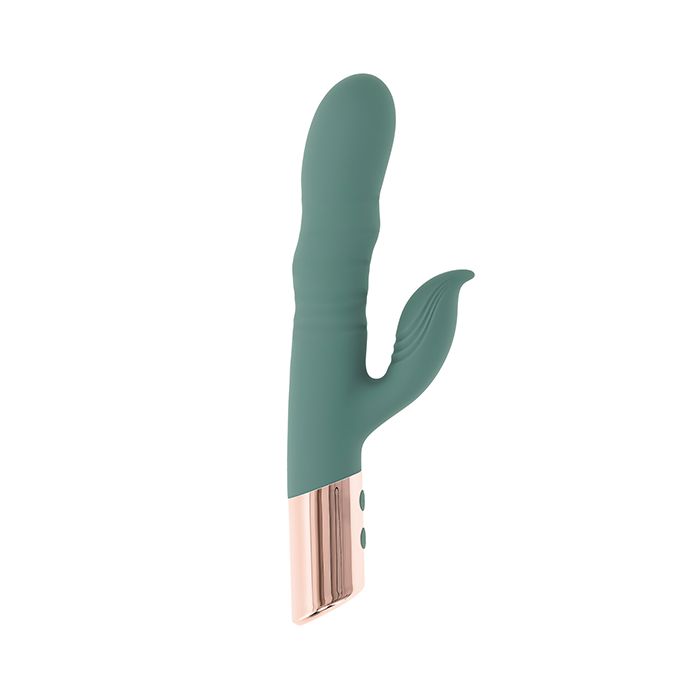 Mint Green Evolved The Shimmy Vibrator with rose gold handle on a white background