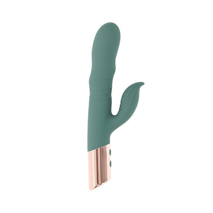 Mint Green Evolved The Shimmy Vibrator with rose gold handle on a white background