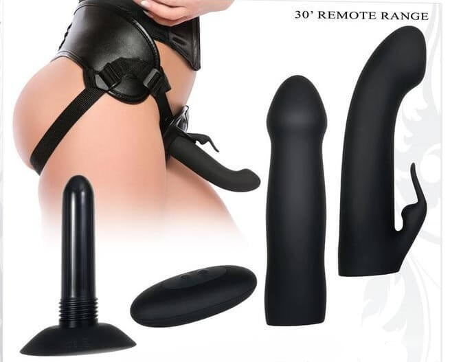 Heavenly Harness Kit Rechargeable Silicone Vibrator with Remote Control - Black by Evolved Novelties