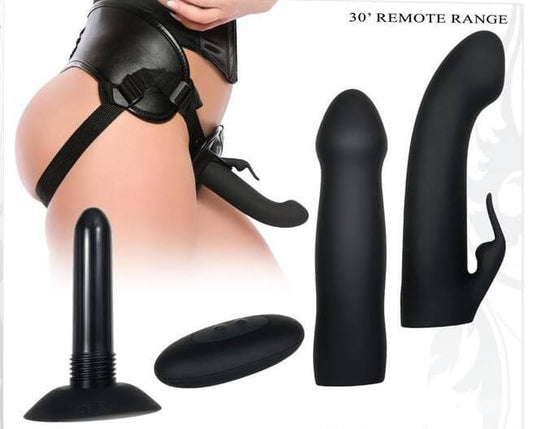 Heavenly Harness Kit Rechargeable Silicone Vibrator with Remote Control - Black by Evolved Novelties