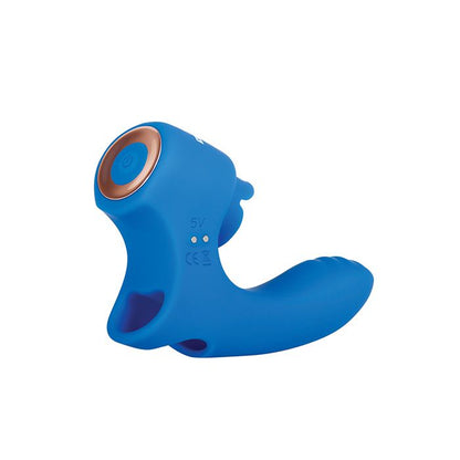 Blue Evolved Novelties Flick It Blue Gender X finger vibrator with rose gold details near power button on a white background