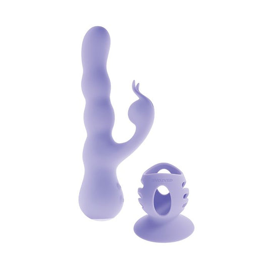 Purple Evolved Wiggly Bunny Vibrator with Suction cup attachment removed and sitting separately on a white background
