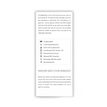 Purple Evolved Wiggly Bunny Vibrator with Suction cup attachment specifications sheet on a white background