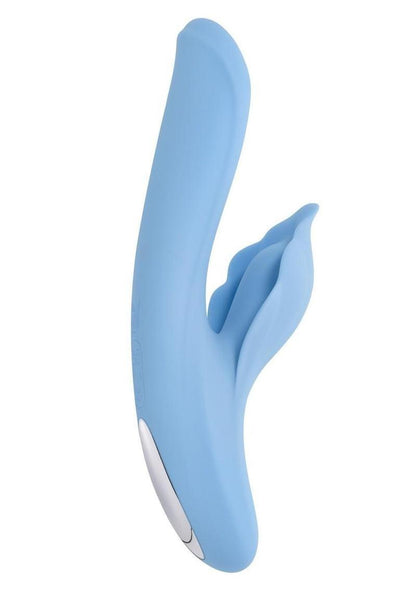 Playboy In Bloom Rechargeable Silicone Heating Rabbit Vibrator - Blue colored adult toy on white background