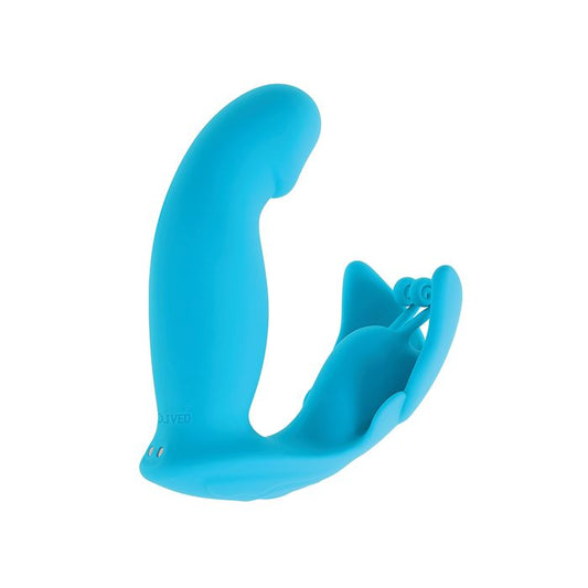Spread Your Wings dual-motor butterfly vibrator with come-hither shaft and flexible clitoral stimulator from Evolved Novelties.