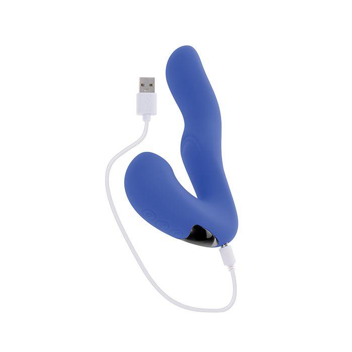 Blue Evolved Novelties Tappity Tap g-spot vibrator with USB cable on a white background