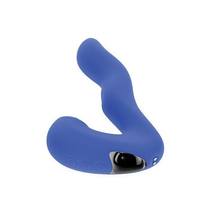 Blue Evolved Novelties Tappity Tap Rabbit Vibrator featuring control buttons on a white background