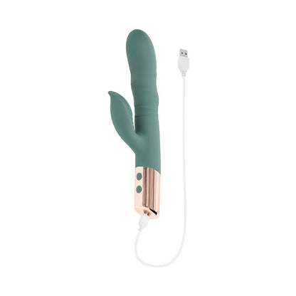 Evolved The Shimmy Rabbit Thrusting Vibrator with magnetic USB charging cable with USB cable on a white background