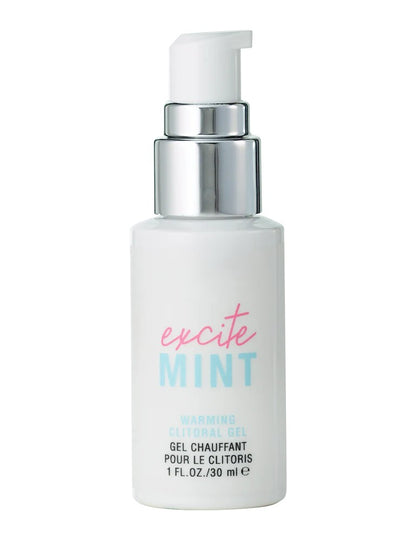 White bottle of Pure Romance brand Excitemint warming clitoral arousal gel featuring a pump applicator and size of product