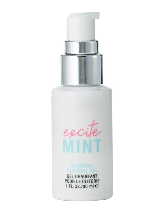 White bottle of Pure Romance brand Excitemint warming clitoral arousal gel featuring a pump applicator and size of product