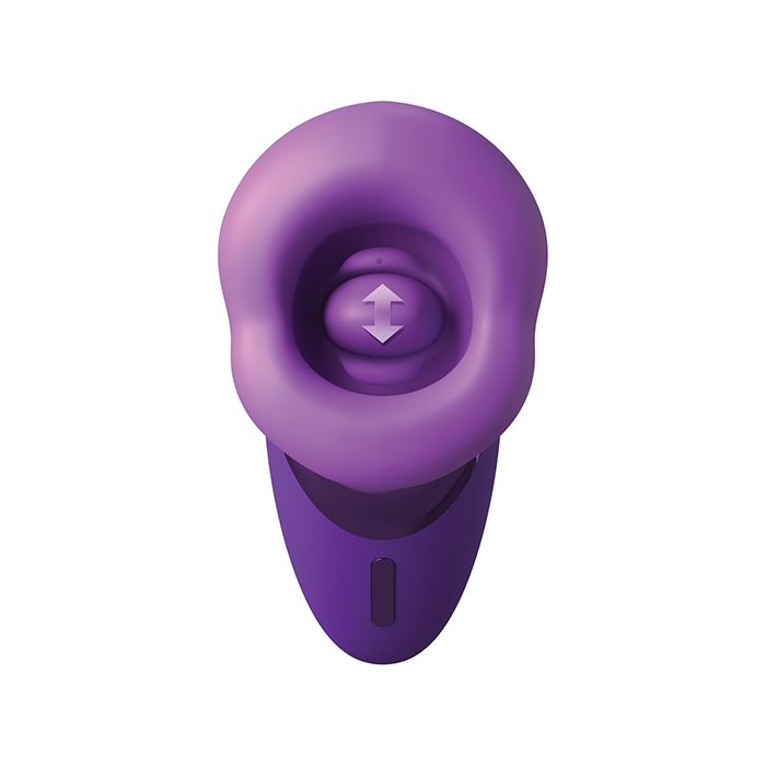 Purple Pipedream Fantasy for Her Pleasure Sucker featuring arrow to show direction of tongue movement in silicone mouth suction toy