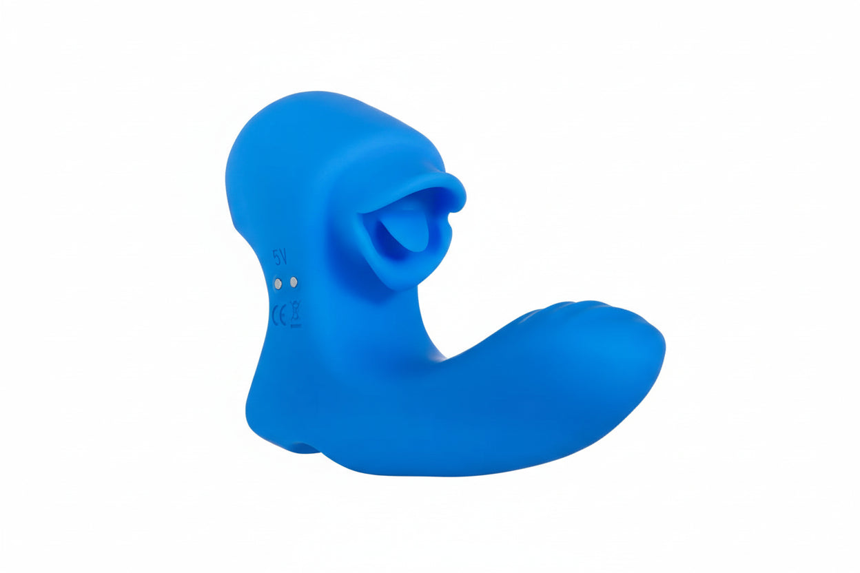 Blue silicone flicking tongue finger toy by Gender X Flick It Finger Vibrator side view