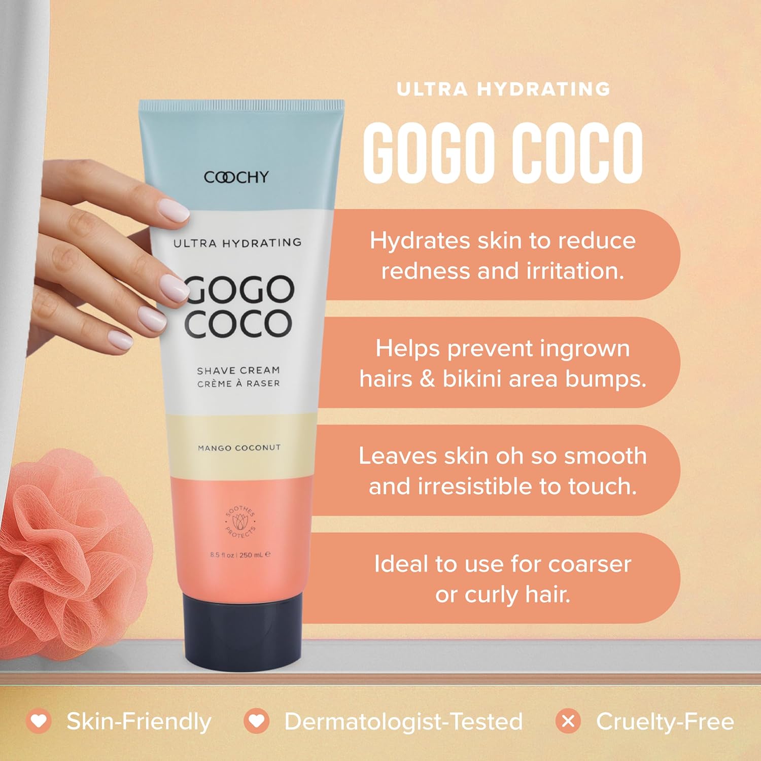 GOGO COCO shave cream tube with product features on a peach background