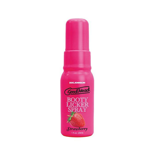 Pink bottle of Doc johnson 'GoodHead Booty Licker Spray' with strawberry flavor on a white background