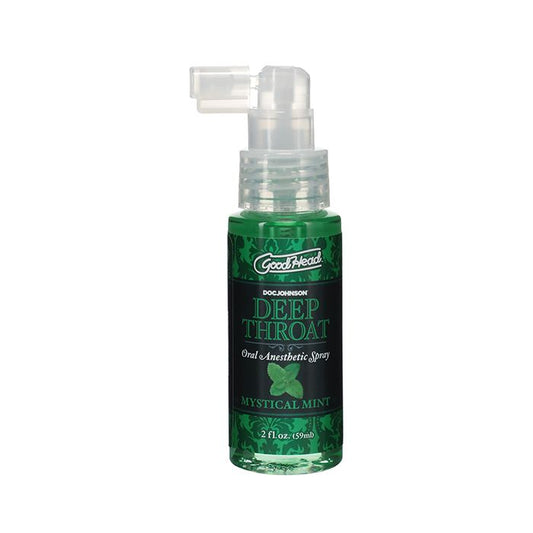 Goodhead Deep Throat spray by Doc Johnson bottle with green label on a white background