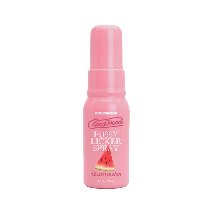 Pink spray bottle labeled 'GoodHead Pussy Licker Spray Watermelon' on a white background, product made by Doc Johnson