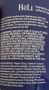 Bottle label of Pure Romance Heli unscented shower gel and bubble bath, listing ingredients with text and branding on a blue background