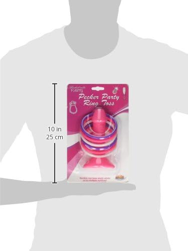 Package of a pink pecker party ring toss game held by a mannequin with dimensions indicated.