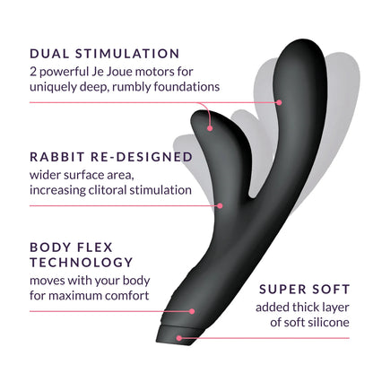 Black Black Je Joue Hera Flex vibrator with text describing features on a white background