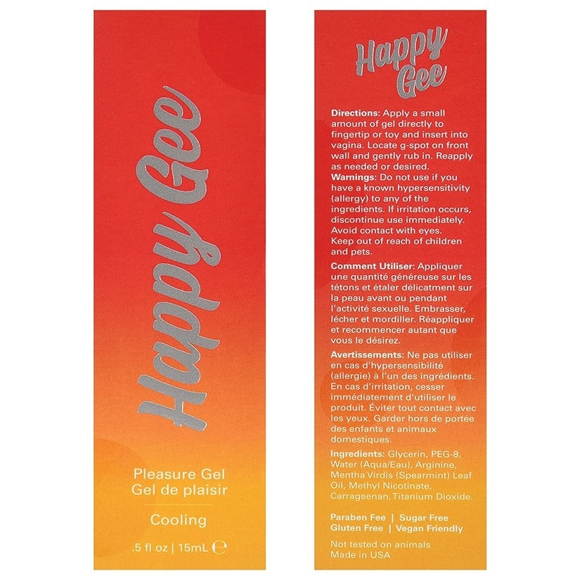 Red and orange packaging of Happy Gee Pleasure Gel with text and branding.