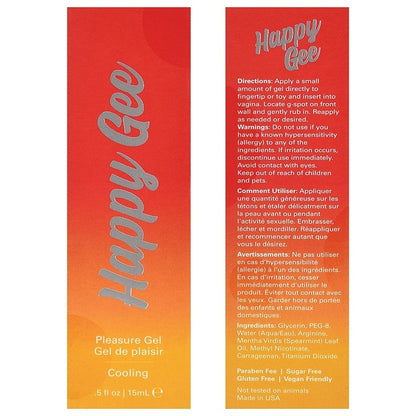 Red and orange packaging of Happy Gee Pleasure Gel with text and branding.