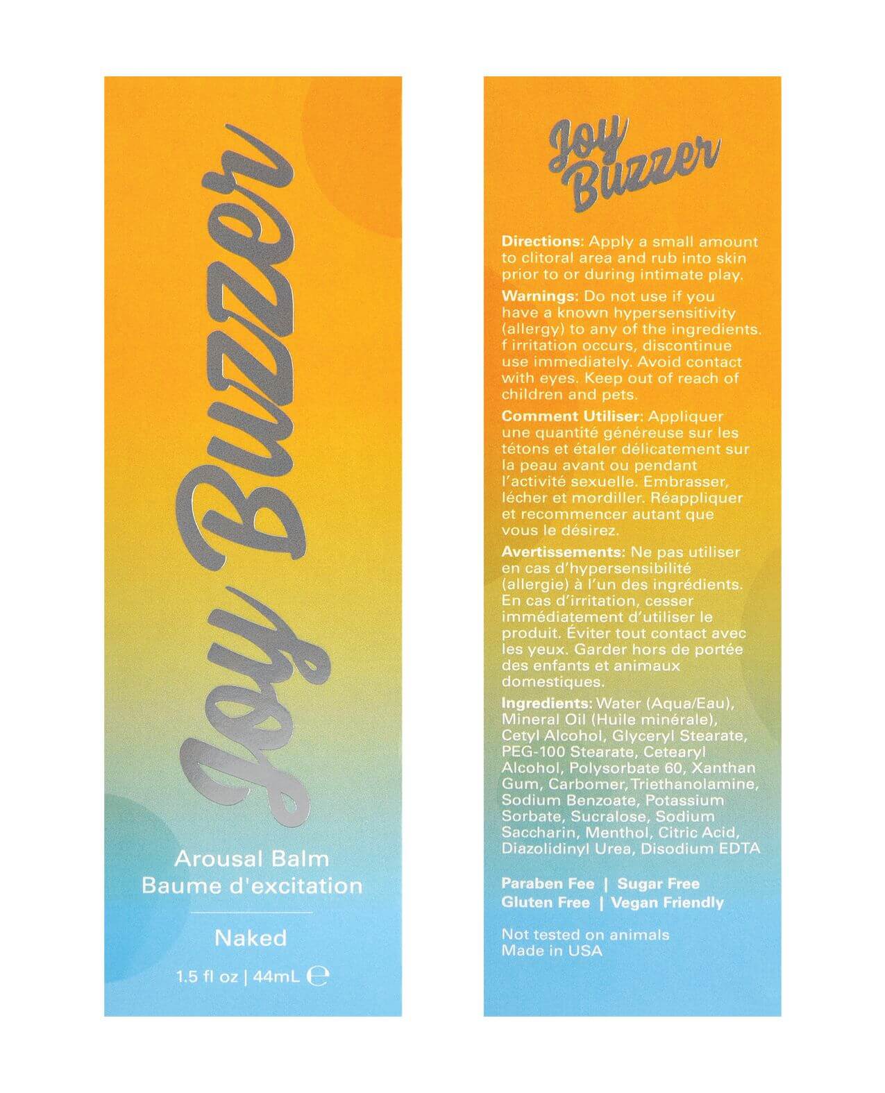 Joy Buzzer female clitoral arousal balm packaging with gradient color scheme and product details such as directions, warnings, and ingredients