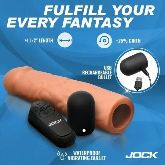 Product advertisement for a Jock USB rechargeable and waterproof vibrating bullet with penis extension sleeve on a blue background.