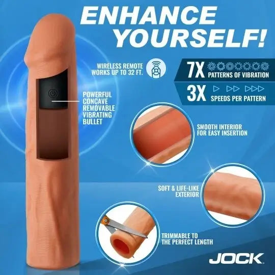 Vibrating bullet with features highlighted on a blue background, featuring the brand 'Jock' highlighting benefits of 1.5 inch penis enhancer.