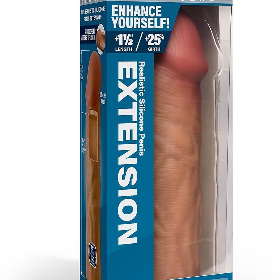 Realistic Jock medium realistic silicone penis extension packaging with blue and white design.