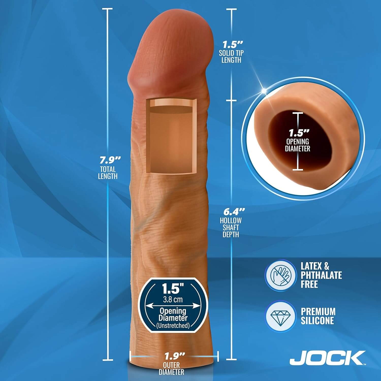 Sexual product Jock Curve penis extension with measurements and Jock branding on a blue background