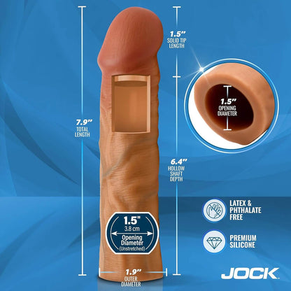 Sexual product Jock Curve penis extension with measurements and Jock branding on a blue background