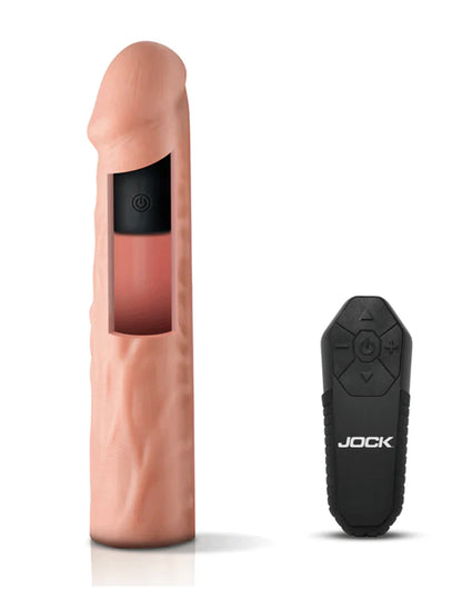 Curve Toys Jock Penis Extension LIght with opening to see how bullet is inserted along with image of remote control.