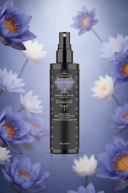Black spray bottle of pheromone body oil by Kama Sutra with the words "Sex Magnet" and "Blue Lotus" on a blue and white lotus flower background