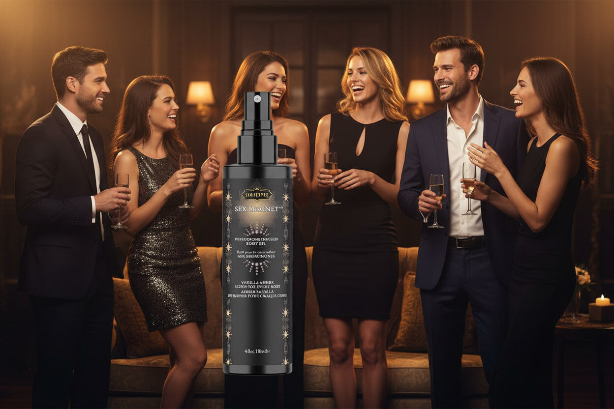 Black bottle of Sex Magnet pheromone body oil surrounded by attractive men and women in background with gold text showing the scent of Vanilla Amber 